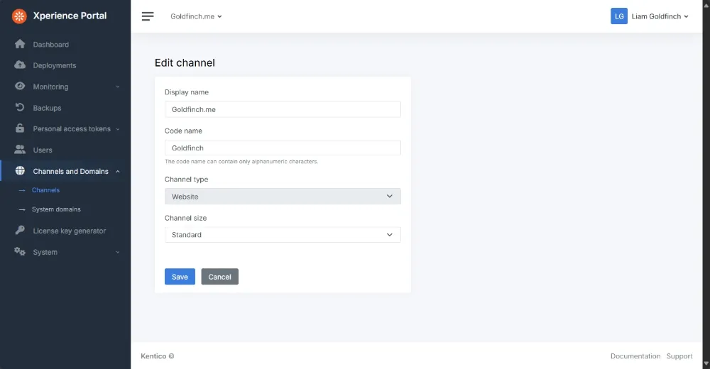 Channel creation screen inside the Xperience portal.