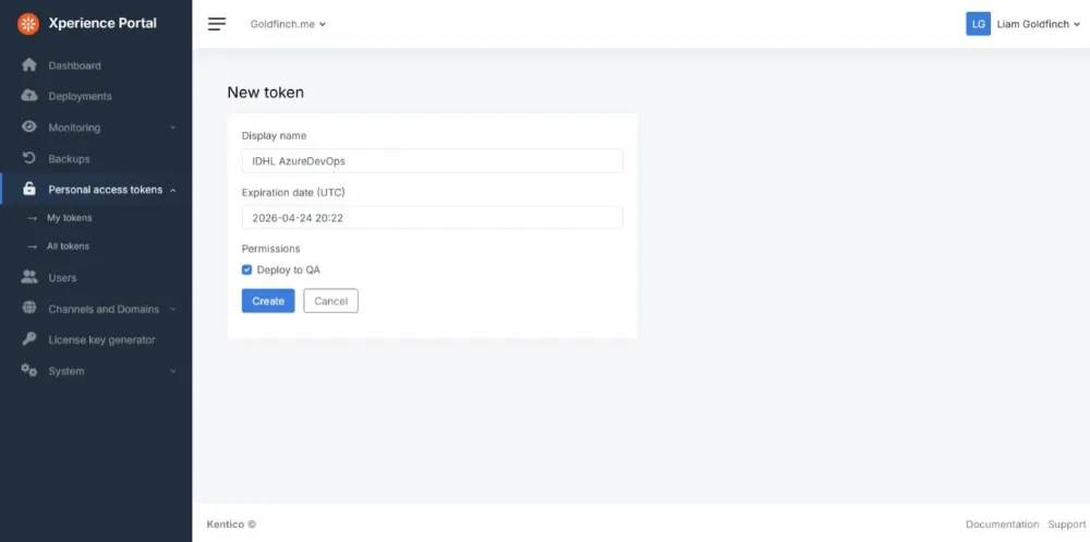 Creating a Personal Access Token (PAT) in the Xperience Portal.