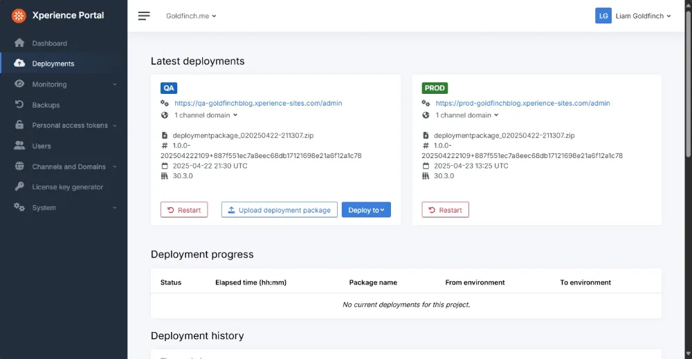 Deployments dashboard allowing for uploading a zip to the QA environment.