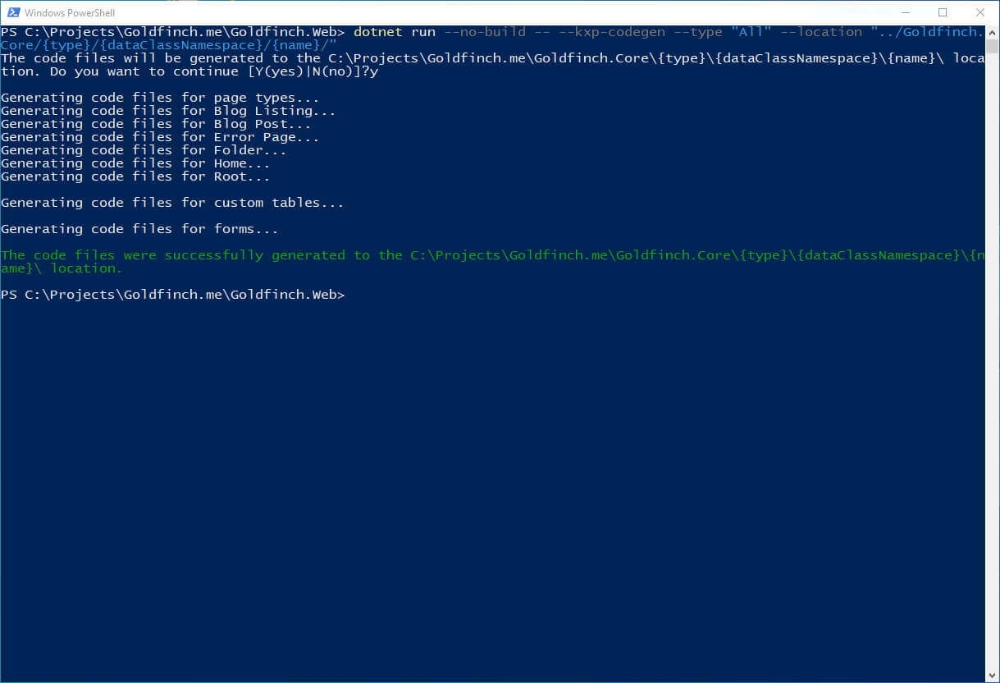 PowerShell window showing page type generation.